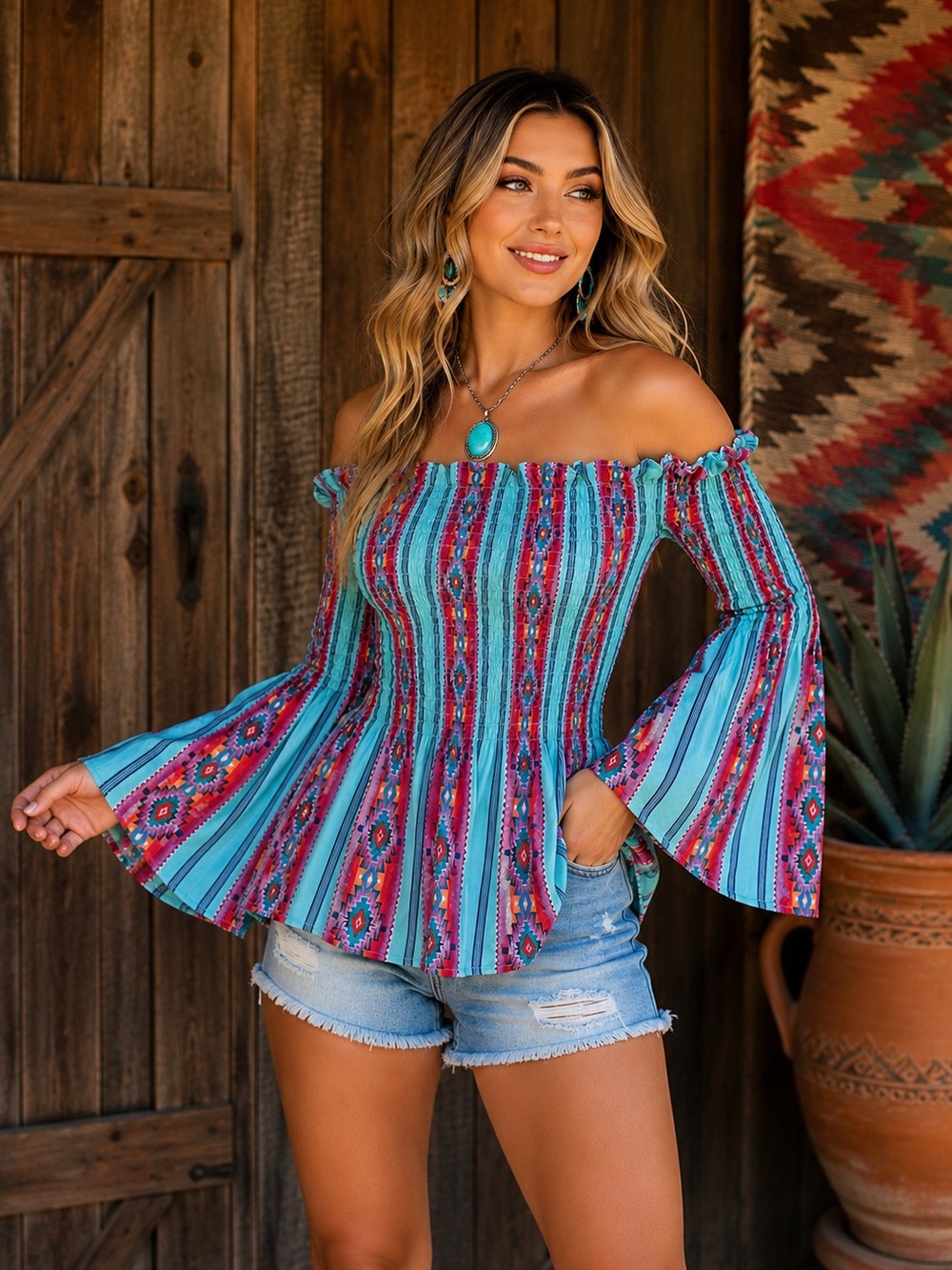 Wrangler Retro Off Shoulder Peasant Top Southwestern Aztec Bell Sleeve Small